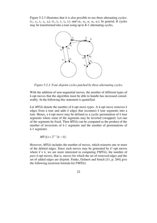 22
Figure 5.2.3 illustrates that it is also possible to use three alternating cycles:
(s1, s2, s3, s4, s6), (t1, t2, t3, t4, t1), and (u1, u2, u3, u4, u1). In general, K cycles
may be transformed into a tour using up to K-1 alternating cycles.
Figure 5.2.3. Four disjoint cycles patched by three alternating cycles.
With the addition of non-sequential moves, the number of different types of
k-opt moves that the algorithm must be able to handle has increased consid-
erably. In the following this statement is quantified.
Let MT(k) denote the number of k-opt move types. A k-opt move removes k
edges from a tour and adds k edges that reconnect k tour segments into a
tour. Hence, a k-opt move may be defined as a cyclic permutation of k tour
segments where some of the segments may be inverted (swapped). Let one
of the segments be fixed. Then MT(k) can be computed as the product of the
number of inversions of k-1 segments and the number of permutations of
k-1 segments:
MT(k) = 2k 1
(k 1)!.
However, MT(k) includes the number of moves, which reinserts one or more
of the deleted edges. Since such moves may be generated by k’-opt moves
where k’< k, we are more interested in computing PMT(k), the number of
pure k-opt moves, that is, moves for which the set of removed edges and the
set of added edges are disjoint. Funke, Grünert and Irnich [11, p. 284] give
the following recursion formula for PMT(k):
 