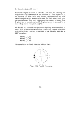 38
5.4 Execution of a feasible move
In order to simplify execution of a feasible k-opt move, the following fact
may be used: Any k-opt move (k 2) is equivalent to a finite sequence of 2-
opt moves [9, 28]. In the case of 5-opt moves it can be shown that any 5-opt
move is equivalent to a sequence of at most five 2-opt moves. Any 3-opt
move as well as any 4-opt move is equivalent to a sequence of at most three
2-opt moves. In general, any feasible k-opt move may be executed by at
most k 2-opt moves. For a proof, see [30].
Let FLIP(a, b, c, d) denote the operation of replacing the two edges (a, b)
and (c, d) of the tour by the two edges (b, c) and (d, a). Then the 4-opt move
depicted in Figure 5.4.1 may be executed by the following sequence of
FLIP-operations:
FLIP(t2, t1, t8, t7)
FLIP(t4, t3, t2, t7)
FLIP(t7, t4, t5, t6)
The execution of the flips is illustrated in Figure 5.4.2.
Figure 5.4.1. Feasible 4-opt move.
 
