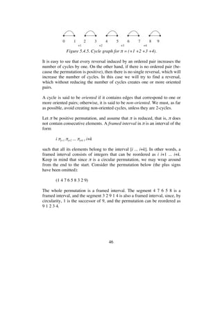 46
Figure 5.4.5. Cycle graph for = (+1 +2 +3 +4).
It is easy to see that every reversal induced by an ordered pair increases the
number of cycles by one. On the other hand, if there is no ordered pair (be-
cause the permutation is positive), then there is no single reversal, which will
increase the number of cycles. In this case we will try to find a reversal,
which without reducing the number of cycles creates one or more oriented
pairs.
A cycle is said to be oriented if it contains edges that correspond to one or
more oriented pairs; otherwise, it is said to be non-oriented. We must, as far
as possible, avoid creating non-oriented cycles, unless they are 2-cycles.
Let be positive permutation, and assume that is reduced, that is, does
not contain consecutive elements. A framed interval in is an interval of the
form
i j+1 j+2 ... j+k-1 i+k
such that all its elements belong to the interval [i ... i+k]. In other words, a
framed interval consists of integers that can be reordered as i i+1 ... i+k.
Keep in mind that since is a circular permutation, we may wrap around
from the end to the start. Consider the permutation below (the plus signs
have been omitted):
(1 4 7 6 5 8 3 2 9)
The whole permutation is a framed interval. The segment 4 7 6 5 8 is a
framed interval, and the segment 3 2 9 1 4 is also a framed interval, since, by
circularity, 1 is the successor of 9, and the permutation can be reordered as
9 1 2 3 4.
 