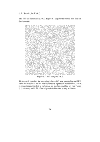54
6.1.1 Results for E10k.0
The first test instance is E10k.0. Figure 6.1 depicts the current best tour for
this instance.
Figure 6.1. Best tour for E10k.0
First we will examine, for increasing values of K, how tour quality and CPU
times are affected if we use non-sequential K-opt moves as submoves. The 5
-nearest edges incident to each node are used as candidate set (see Figure
6.2). As many as 99.5% of the edges of the best tour belong to this set.
 
