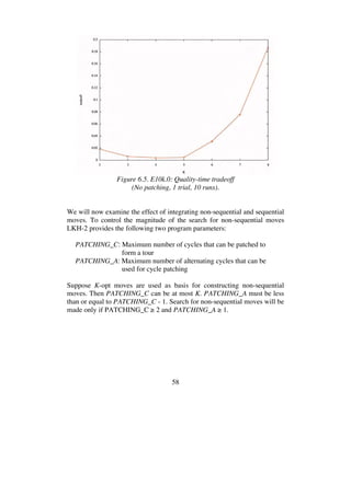 58
Figure 6.5. E10k.0: Quality-time tradeoff
(No patching, 1 trial, 10 runs).
We will now examine the effect of integrating non-sequential and sequential
moves. To control the magnitude of the search for non-sequential moves
LKH-2 provides the following two program parameters:
PATCHING_C: Maximum number of cycles that can be patched to
form a tour
PATCHING_A: Maximum number of alternating cycles that can be
used for cycle patching
Suppose K-opt moves are used as basis for constructing non-sequential
moves. Then PATCHING_C can be at most K. PATCHING_A must be less
than or equal to PATCHING_C - 1. Search for non-sequential moves will be
made only if PATCHING_C 2 and PATCHING_A 1.
 
