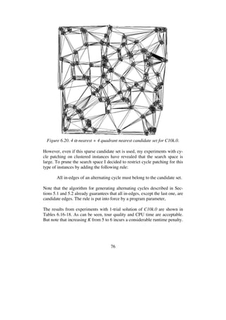 76
Figure 6.20. 4 -nearest + 4 quadrant nearest candidate set for C10k.0.
However, even if this sparse candidate set is used, my experiments with cy-
cle patching on clustered instances have revealed that the search space is
large. To prune the search space I decided to restrict cycle patching for this
type of instances by adding the following rule:
All in-edges of an alternating cycle must belong to the candidate set.
Note that the algorithm for generating alternating cycles described in Sec-
tions 5.1 and 5.2 already guarantees that all in-edges, except the last one, are
candidate edges. The rule is put into force by a program parameter,
The results from experiments with 1-trial solution of C10k.0 are shown in
Tables 6.16-18. As can be seen, tour quality and CPU time are acceptable.
But note that increasing K from 5 to 6 incurs a considerable runtime penalty.
 