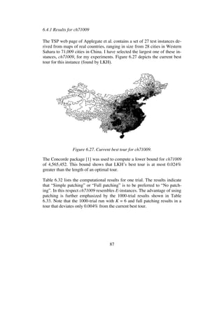 87
6.4.1 Results for ch71009
The TSP web page of Applegate et al. contains a set of 27 test instances de-
rived from maps of real countries, ranging in size from 28 cities in Western
Sahara to 71,009 cities in China. I have selected the largest one of these in-
stances, ch71009, for my experiments. Figure 6.27 depicts the current best
tour for this instance (found by LKH).
Figure 6.27. Current best tour for ch71009.
The Concorde package [1] was used to compute a lower bound for ch71009
of 4,565,452. This bound shows that LKH’s best tour is at most 0.024%
greater than the length of an optimal tour.
Table 6.32 lists the computational results for one trial. The results indicate
that “Simple patching” or “Full patching” is to be preferred to “No patch-
ing”. In this respect ch71009 resembles E-instances. The advantage of using
patching is further emphasized by the 1000-trial results shown in Table
6.33. Note that the 1000-trial run with K = 6 and full patching results in a
tour that deviates only 0.004% from the current best tour.
 