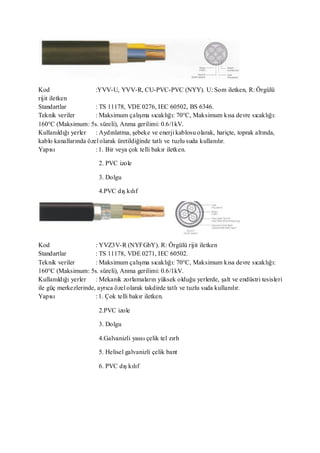 Kod                   :YVV-U, YVV-R, CU-PVC-PVC (NYY). U: Som iletken, R: Örgülü
rijit iletken
Standartlar           : TS 11178, VDE 0276, IEC 60502, BS 6346.
Teknik veriler        : Maksimum çalışma sıcaklığı: 70°C, Maksimum kısa devre sıcaklığı:
160°C (Maksimum: 5s. süreli), Anma gerilimi: 0.6/1kV.
Kullanıldığı yerler : Aydınlatma, şebeke ve enerji kablosu olarak, hariçte, toprak altında,
kablo kanallarında özel olarak üretildiğinde tatlı ve tuzlu suda kullanılır.
Yapısı                : 1. Bir veya çok telli bakır iletken.

                       2. PVC izole

                       3. Dolgu

                       4.PVC dış kılıf




Kod                   : YVZ3V-R (NYFGbY). R: Örgülü rijit iletken
Standartlar           : TS 11178, VDE 0271, IEC 60502.
Teknik veriler        : Maksimum çalışma sıcaklığı: 70°C, Maksimum kısa devre sıcaklığı:
160°C (Maksimum: 5s. süreli), Anma gerilimi: 0.6/1kV.
Kullanıldığı yerler : Mekanik zorlamaların yüksek olduğu yerlerde, şalt ve endüstri tesisleri
ile güç merkezlerinde, ayrıca özel olarak takdirde tatlı ve tuzlu suda kullanılır.
Yapısı                : 1. Çok telli bakır iletken.

                       2.PVC izole

                       3. Dolgu

                       4.Galvanizli yassı çelik tel zırh

                       5. Helisel galvanizli çelik bant

                       6. PVC dış kılıf
 