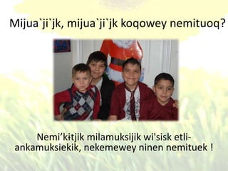 Mijua`ji`jk, mijua`ji`jk koqowey nemituoq?
Nemi’kɨtjik milamuksijik wi'sisk etli-
ankamuksiekik, nekemewey ninen nemituek !
 