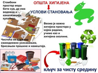 Стамбени
простор мора
бити сув, да има
водовод и
канализацију,
купатило.
Чистоћа се одржава
свакодневно усисавањем,
брисањем прашине и намештаја.
Веома је важна
хигијена простора у
којем радимо,
учимо као и
хигијена околине.
 