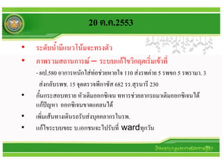20 ต.ค.2553
•   ระดับน้ามีแนวโน้มจะทรงตัว
•   ภาพรวมสถานการณ์ – ระบบแก้ไขวิกฤตเริ่มเข้าที่
    - ผป.580 อาการหนักใส่ท่อช่วยหายใจ 110 ส่งรพค่าย 5 รพขก 5 รพรามา. 3
      ส่งกลับรพช. 15 จุดตรวจพีกาซัส 682 รร.สุรนารี 230
•   กันกระสอบทราย หัวเติมออกซิเจน ทหารช่วยลากรถมาเติมออกซิเจนได้
    แก้ปัญหา ออกซิเจนขาดแคลนได้
•   เพิ่มเส้นทางเดินรถรับส่งบุคคลากรในรพ.
•   แก้ไขระบบขยะ บ.เอกชนจะไปรับที่ wardทุกวัน
 