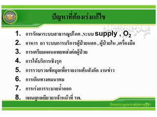 ปัญหาที่ต้องเร่งแก้ไข
1.   การรักษาระบบสาธารณูปโภค ,ระบบ supply , O2
2.   อาหาร ยา ระบบการบริการผู้ป่วยนอก , ผู้ป่วยใน ,เครื่องมือ
3.   การเตรียมแผนอพยพส่งต่อผู้ป่วย
4.   การให้บริการเชิงรุก
5.   การรวบรวมข้อมูลเพื่อรายงานต้นสังกัด งานข่าว
6.   การเดินทางคมนาคม
7.   การเร่งการระบายน้าออก
8.   แผนดูแลเยียวยาเจ้าหน้าที่ รพ.
 
