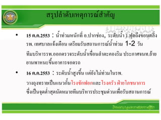 สรุปลาดับเหตุการณ์สาคัญ

•   15 ต.ค.2553 : น้าท่วมหนักที่ อ.ปากช่อง, ระดับน้า 1 ฟุตถึงขอบตลิ่ง
    รพ. เทศบาลแจ้งเตือน เตรียมรับสถานการณ์น้าท่วม 1-2 วัน
    ทีมบริหารรพ.ออกตรวจระดับน้าเขื่อนลาตะคองริม ประกาศจนท.ย้าย
    ยานพาหนะขึ้นอาคารจอดรถ
•   16 ต.ค.2553 : ระดับน้าสูงขึ้น แต่ยังไม่ท่วมในรพ.
    วางถุงทรายเป็นแนวกั้นโรงซักฟอกและโรงครัว ฝ่ายโภชนาการ
    ซึ่งเป็นจุดต่าสุดนัดหมายทีมบริหารประชุมด่วนเพื่อรับสถานการณ์
 