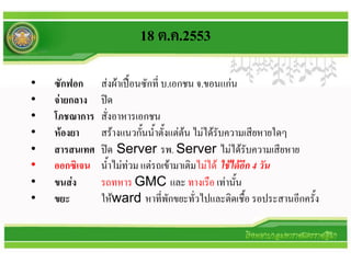 18 ต.ค.2553

•   ซักฟอก     ส่งผ้าเปื้อนซักที่ บ.เอกชน จ.ขอนแก่น
•   จ่ายกลาง   ปิด
•   โภชณาการ   สั่งอาหารเอกชน
•   ห้องยา     สร้างแนวกั้นน้าตั้งแต่ต้น ไม่ได้รับความเสียหายใดๆ
•   สารสนเทศ   ปิด Server รพ. Server ไม่ได้รับความเสียหาย
•   ออกซิเจน   น้าไม่ท่วม แต่รถเข้ามาเติมไม่ได้ ใช้ได้อีก 4 วัน
•   ขนส่ง      รถทหาร GMC และ ทางเรือ เท่านั้น
•   ขยะ        ให้ward หาที่พักขยะทั่วไปและติดเชื้อ รอประสานอีกครั้ง
 