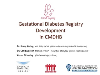 Gestational Diabetes Registry
Development
in CMDHB
Dr. Koray Atalag MD, PhD, FACHI (National Institute for Health Innovation)
Dr. Carl Eagleton MBChB, FRACP (Counties Manukau District Health Board)
Karen Pickering (Diabetes Projects Trust)
 