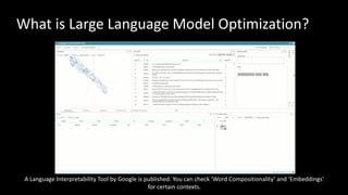 What is Large Language Model Optimization?
A Language Interpretability Tool by Google is published. You can check ‘Word Compositionality’ and ‘Embeddings’
for certain contexts.
 