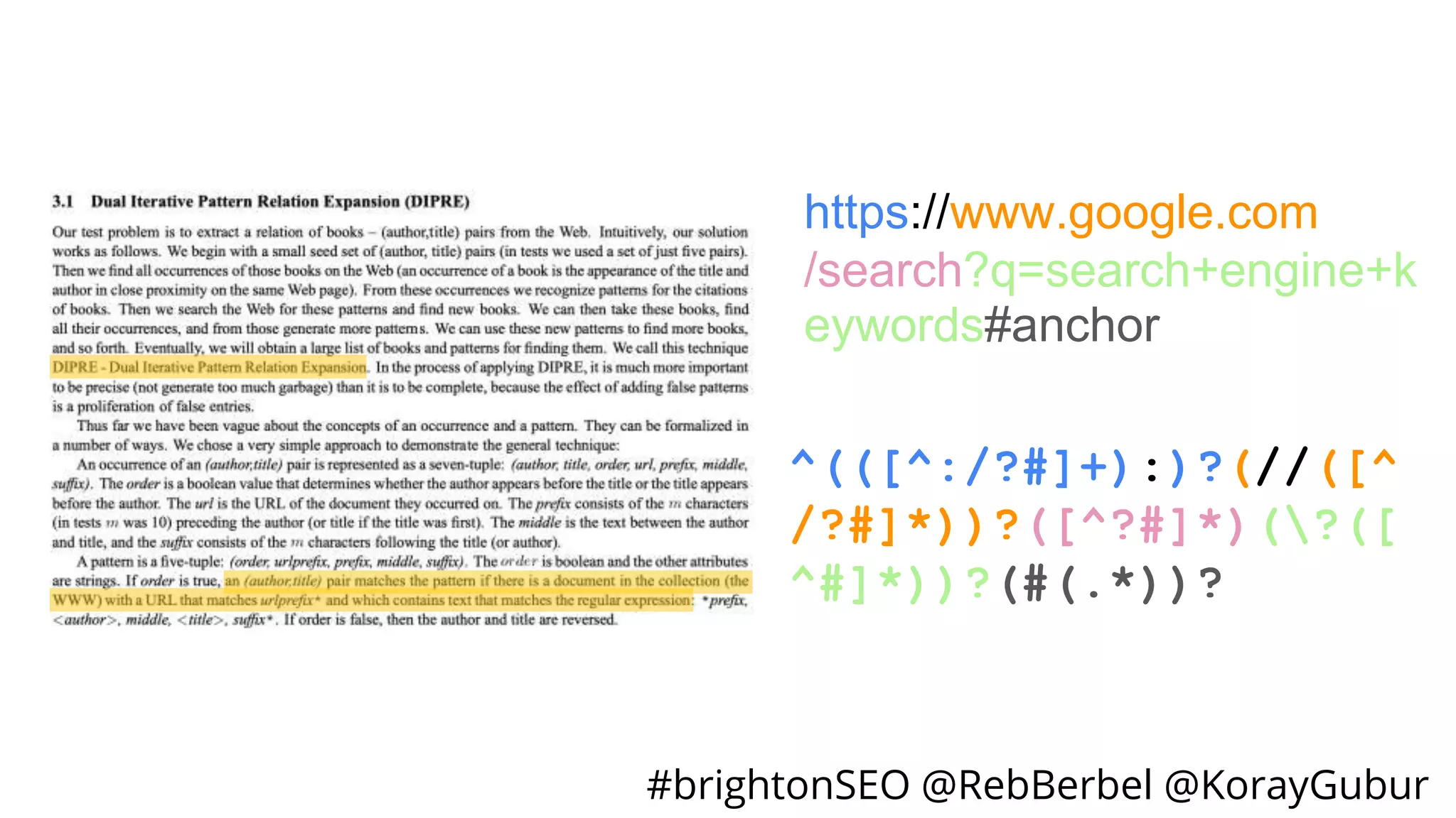 #brightonSEO @RebBerbel @KorayGubur
^(([^:/?#]+):)?(//([^
/?#]*))?([^?#]*)(?([
^#]*))?(#(.*))?
https://www.google.com
/search?q=search+engine+k
eywords#anchor
 