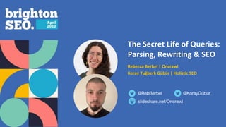 The Secret Life of Queries:
Parsing, Rewriting & SEO
Rebecca Berbel | Oncrawl
Koray Tuǧberk Gübür | Holistic SEO
slideshare.net/Oncrawl
@RebBerbel @KorayGubur
 