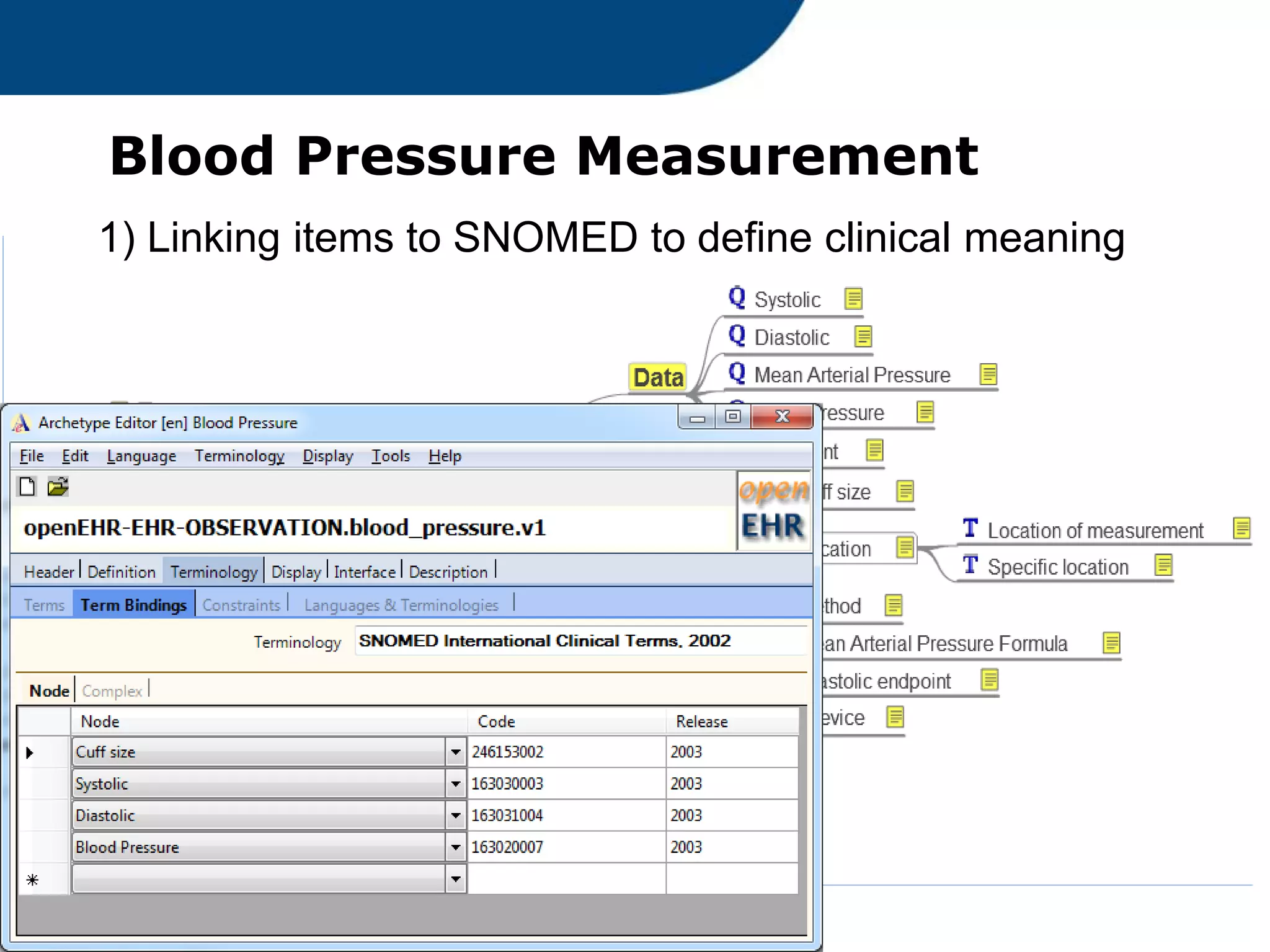 Blood Pressure Measurement
mindmap representation of openEHR Archetype
1) Linking items to SNOMED to define clinical meaning
 