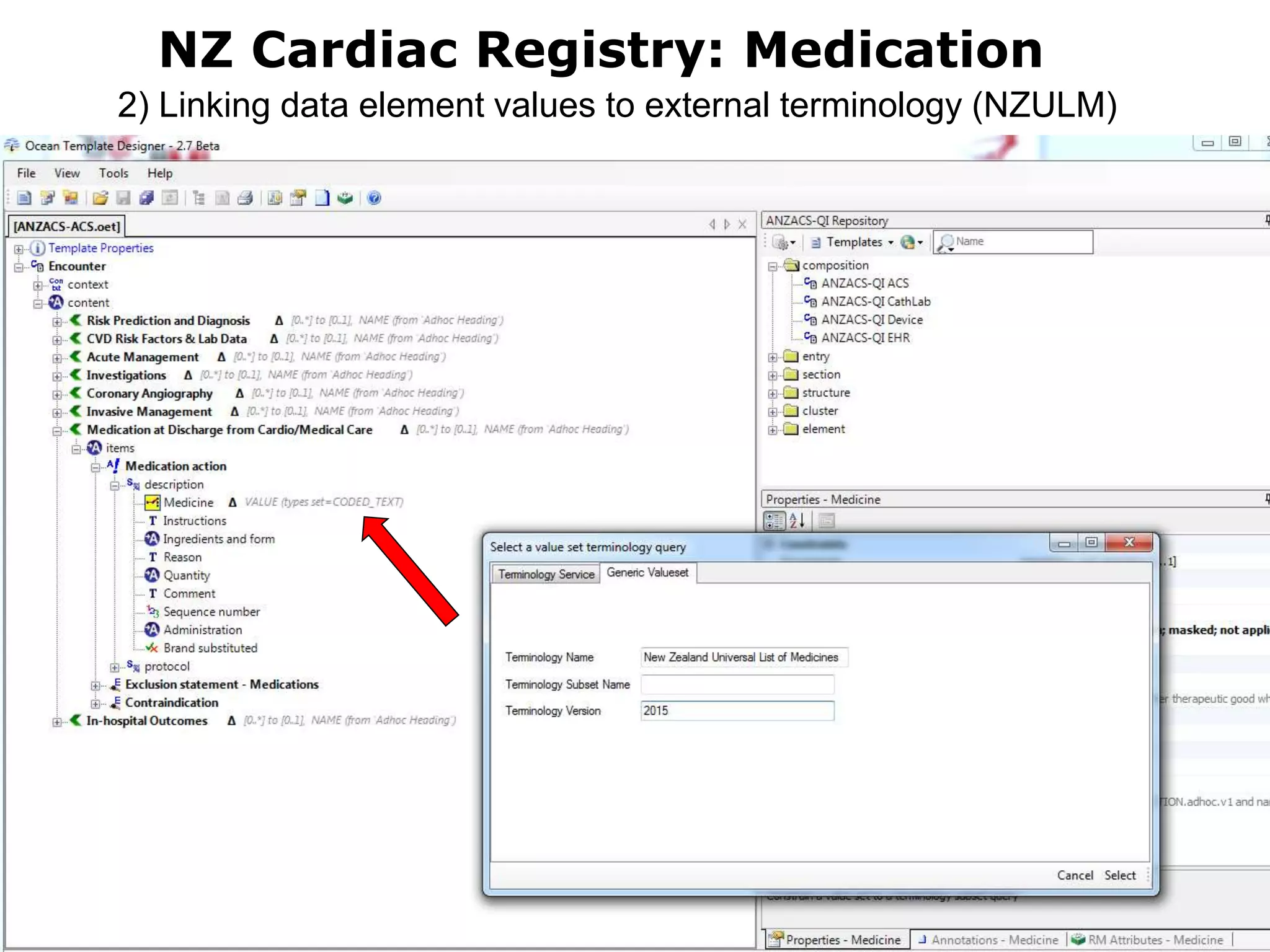 NZ Cardiac Registry: Medication
2) Linking data element values to external terminology (NZULM)
 