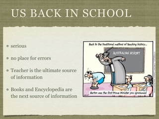 US BACK IN SCHOOL

serious

no place for errors

Teacher is the ultimate source
of information

Books and Encyclopedia are
the next source of information
 
