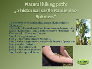 • The natural path: a historical castle “Kamieniec” –
“Spinners”
The path is located just 8 km from Krosno, between the
castle "Kamieniec" and a nature reserve "Spinners" in
Czarnorzeki. There are 6 stops:
Stop 1 – the greenwood
Stop 2 – the valley stream Morcinek
Stop 3 – the steep slope coveredwith forests of pines and
birches called Sokolec
Stop 4 – the settlement
Stop 5 – the burial mounds
Stop 6 – the upland forest
RETURN
 