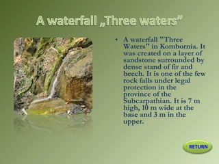 • A waterfall "Three
Waters" in Kombornia. It
was created on a layer of
sandstone surrounded by
dense stand of fir and
beech. It is one of the few
rock falls under legal
protection in the
province of the
Subcarpathian. It is 7 m
high, 10 m wide at the
base and 3 m in the
upper.
RETURN
 