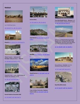 Mekkah




                                                 Jamarat Mina
                                                                                            Two Holly Masjid Haram – Museum 5 km
                                                                                            from Murshidīyah, Makkah (Saudi Arabia)
                                                 21° 25' 18.30" N ; 39° 52' 4.38" E
                                                                                            21° 26' 2.45" N 39° 45' 15.51" E
near Al Hufūf (Saudi Arabia)


25° 22' 49.71" N : 49° 35' 13.23" E




                                                 Jabal Rahmah 21° 21' 17.14" N : 39° 59'
                                                 2.70" E                                    On the way to Al-hada just before the checkpost -
                                                                                            this is the Saudi version of Gravity Hill, the road
                                                                                            definitely seems to be going down, but try rolling
Masjid Jin –21° 26' 0.12" N ; 39° 49' 44.52" E                                              something (ball, soda can etc.) and it rolls upwards!
                                                                                            Try it when you pass by this place next time.


                                                                                            21° 21' 40.08" N 40° 10' 28.09" E




                                                 Arafah 21° 21' 26.27" N : 39° 58' 36.80"
                                                 E
Maala Cemetry – Kuburan Siti
Khadijah Alhuj un Street - Mekkah

21° 26' 8.64" N 39° 49' 41.95" E

                                                                                            Massyaril Haram – Muzhalifah 1 km from
                                                                                            Muzdalifah, Makkah (Saudi Arabia)


                                                                                            21° 23' 7.66" N 39° 54' 43.19" E


                                                 Masjid Namirah 21° 20' 53.89" N 39° 58'
Masjid Siti Aisah – Tanim, Miqat terdekat di     32.01" E
Mekkah utk melakukan umroh

21° 28' 1.87" N 39° 48' 5.68" E



                                                                                            Gua Hira (Hira Cave)

                                                                                            21° 27' 34.92" N 39° 51' 33.63" E
                                                 Umm Al-Qura University, Makkah,
                                                 Saudi Arabia 21° 19' 54.67" N 39° 56'
                                                 53.75" E
Rumah Kelahiran Rosululloh SAW

21° 25' 29.85" N 39° 49' 47.65" E
 