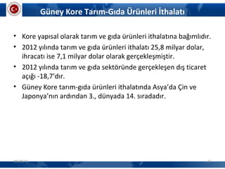 Güney Kore Tarım-Gıda Ürünleri İthalatı
• Kore yapısal olarak tarım ve gıda ürünleri ithalatına bağımlıdır.
• 2012 yılında tarım ve gıda ürünleri ithalatı 25,8 milyar dolar,
ihracatı ise 7,1 milyar dolar olarak gerçekleşmiştir.
• 2012 yılında tarım ve gıda sektöründe gerçekleşen dış ticaret
açığı -18,7’dır.
• Güney Kore tarım-gıda ürünleri ithalatında Asya’da Çin ve
Japonya’nın ardından 3., dünyada 14. sıradadır.
05/06/13 21
 