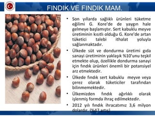 FINDIK VE FINDIK MAM.
• Son yıllarda sağlıklı ürünleri tüketme
eğilimi G. Kore’de de yaygın hale
gelmeye başlamıştır. Sert kabuklu meyve
üretiminin kısıtlı olduğu G. Kore’de artan
tüketici talebi ithalat yoluyla
sağlanmaktadır.
• Ülkede süt ve dondurma üretimi gıda
sanayi üretiminin yaklaşık %10’unu teşkil
etmekte olup, özellikle dondurma sanayi
için fındık ürünleri önemli bir potansiyel
arz etmektedir.
• Ülkede fındık sert kabuklu meyve veya
çerez olarak tüketiciler tarafından
bilinmemektedir.
• Ülkemizden fındık ağırlıklı olarak
işlenmiş formda ihraç edilmektedir.
• 2012 yılı fındık ihracatımız 3,6 milyon
dolardır. (%47 artış)
 