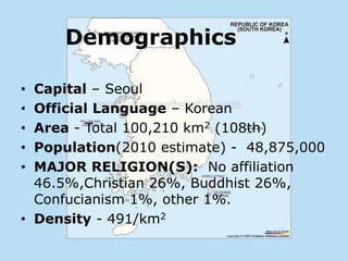 Demographics

• Capital – Seoul
• Official Language – Korean
• Area - Total 100,210 km2 (108th)
• Population(2010 estimate) - 48,875,000
• MAJOR RELIGION(S): No affiliation
  46.5%,Christian 26%, Buddhist 26%,
  Confucianism 1%, other 1%.
• Density - 491/km2
 