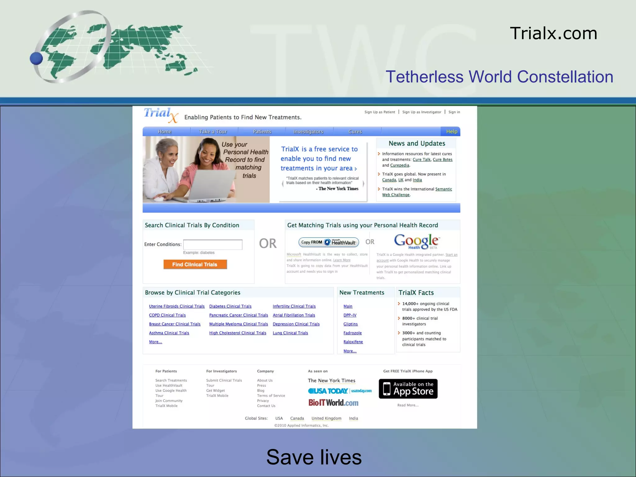 Tetherless World Constellation
Trialx.com
Save lives
 