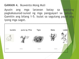 GAWAIN 4. Ikuwento Mong Muli
Ayusin ang mga larawan batay sa wastong
pagkakasunod-sunod ng mga pangyayari sa pabula.
Gamitin ang bilang 1-5. Isulat sa sagutang papel ang
iyong mga sagot.
kuneho puno ng Pino Tigre Baka Lalaki
____ ____ ____ ____ ____
 