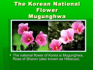 The Korean NationalThe Korean National
FlowerFlower
MugunghwaMugunghwa
 The national flower of Korea isThe national flower of Korea is MMugunghwa,ugunghwa,
RRose ofose of SSharon (also known as Hibiscus).haron (also known as Hibiscus).
 