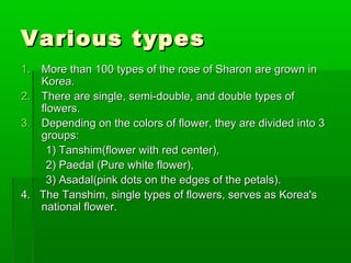 Various typesVarious types
1.1. MMore than 100ore than 100 typestypes of the rose of Sharonof the rose of Sharon are grown inare grown in
Korea.Korea.
2.2. There are single, semi-double, and double types ofThere are single, semi-double, and double types of
flowers.flowers.
3.3. Depending on the colors of flower, they are divided into 3Depending on the colors of flower, they are divided into 3
groupgroups:s:
1)1) Tanshim(flower with red center),Tanshim(flower with red center),
2)2) Paedal (Pure white flower),Paedal (Pure white flower),
3)3) Asadal(pink dots on the edges of the petals).Asadal(pink dots on the edges of the petals).
4.4. The Tanshim, single types of flowers, serves as Korea'sThe Tanshim, single types of flowers, serves as Korea's
national flower.national flower.
 