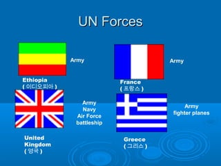 UN ForcesUN Forces
Ethiopia
( 이디오피아 )
Army
France
( 프랑스 )
Army
United
Kingdom
( 영국 )
Army
Navy
Air Force
battleship
Greece
( 그리스 )
Army
fighter planes
 