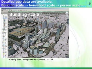 Building scale
Building data：Zmap-TOWNⅡ ©Zenrin CO. Ltd.
Detailed geo data are available.
Building scale → household scale...