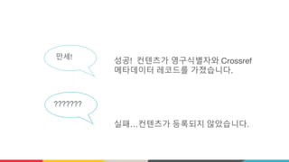 성공! 컨텐츠가 영구식별자와 Crossref
메타데이터 레코드를 가졌습니다.
???????
만세!
실패…컨텐츠가 등록되지 않았습니다.
 