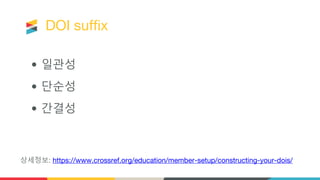 DOI suffix
• 일관성
• 단순성
• 간결성
상세정보: https://www.crossref.org/education/member-setup/constructing-your-dois/
 