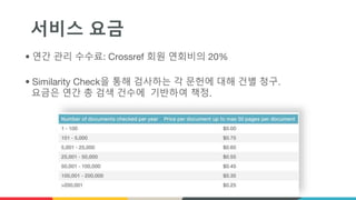 서비스 요금
• 연간 관리 수수료: Crossref 회원 연회비의 20%
• Similarity Check을 통해 검사하는 각 문헌에 대해 건별 청구.
요금은 연간 총 검색 건수에 기반하여 책정.
 