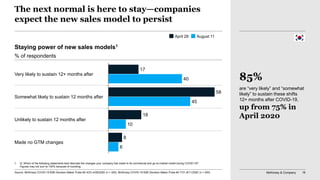 McKinsey & Company 16
The next normal is here to stay—companies
expect the new sales model to persist
Source: McKinsey COVID-19 B2B Decision-Maker Pulse #2 4/23–4/28/2020 (n = 200); McKinsey COVID-19 B2B Decision-Maker Pulse #3 7/31–8/11/2020 (n = 200)
1. Q: Which of the following statements best describe the changes your company has made to its commercial and go-to-market model during COVID-19?
Figures may not sum to 100% because of rounding.
Staying power of new sales models1
% of respondents
85%
are “very likely” and “somewhat
likely” to sustain these shifts
12+ months after COVID-19,
up from 75% in
April 2020
17
58
18
8
40
45
10
6
April 28 August 11
Very likely to sustain 12+ months after
Somewhat likely to sustain 12 months after
Unlikely to sustain 12 months after
Made no GTM changes
 