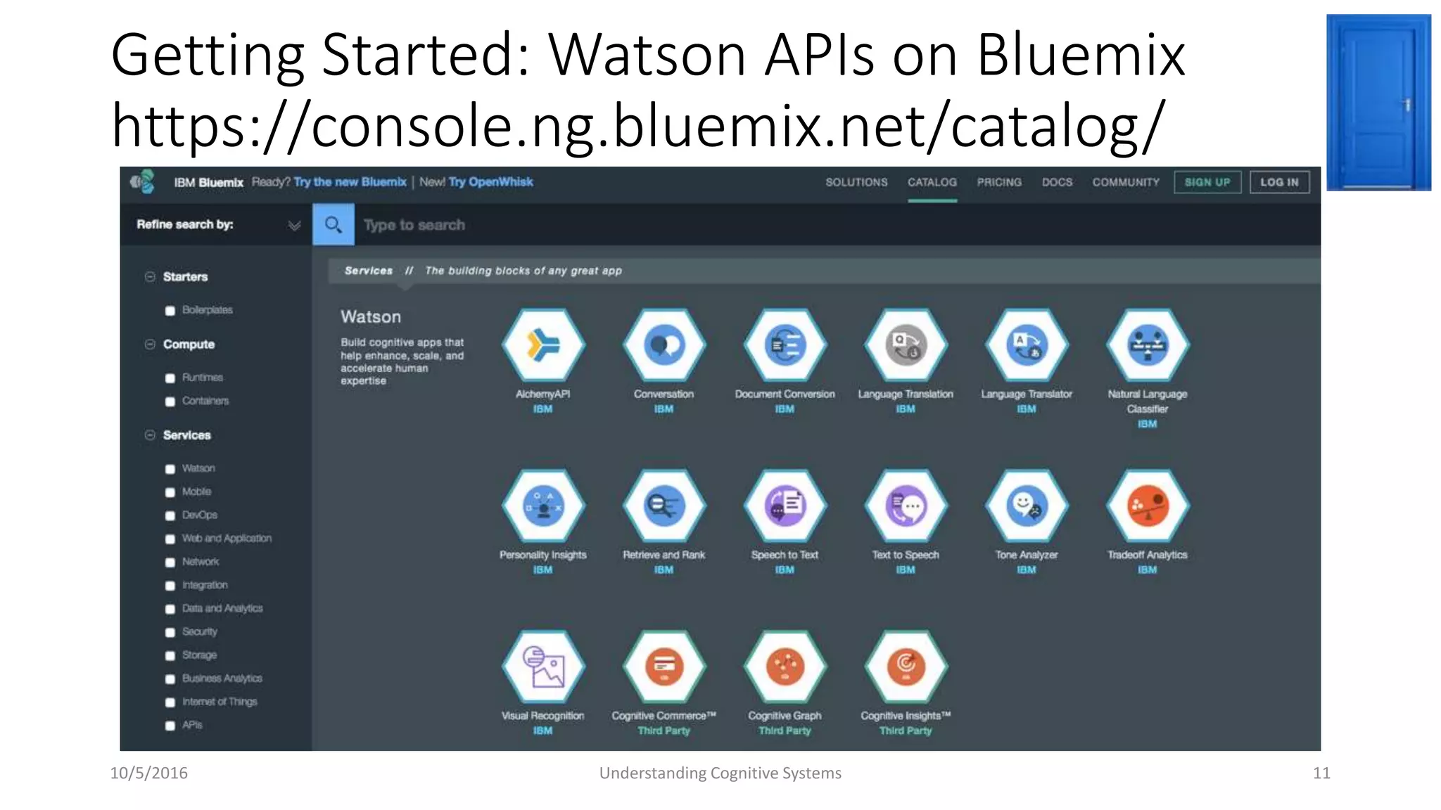 Getting Started: Watson APIs on Bluemix
https://console.ng.bluemix.net/catalog/
10/5/2016 Understanding Cognitive Systems 11
 