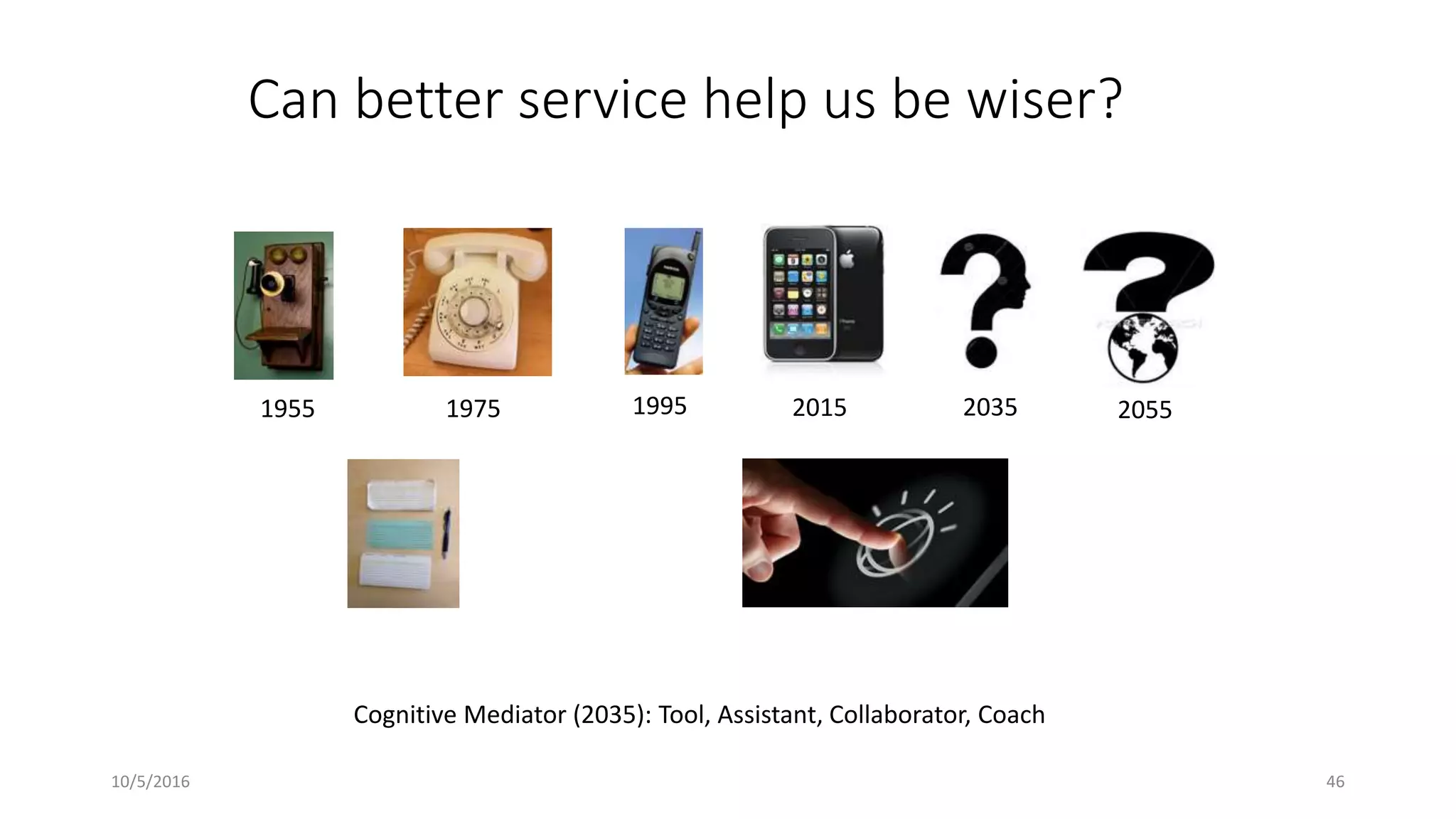 10/5/2016 46
1955 1975 1995 2015 2035 2055
Can better service help us be wiser?
Cognitive Mediator (2035): Tool, Assistant, Collaborator, Coach
 