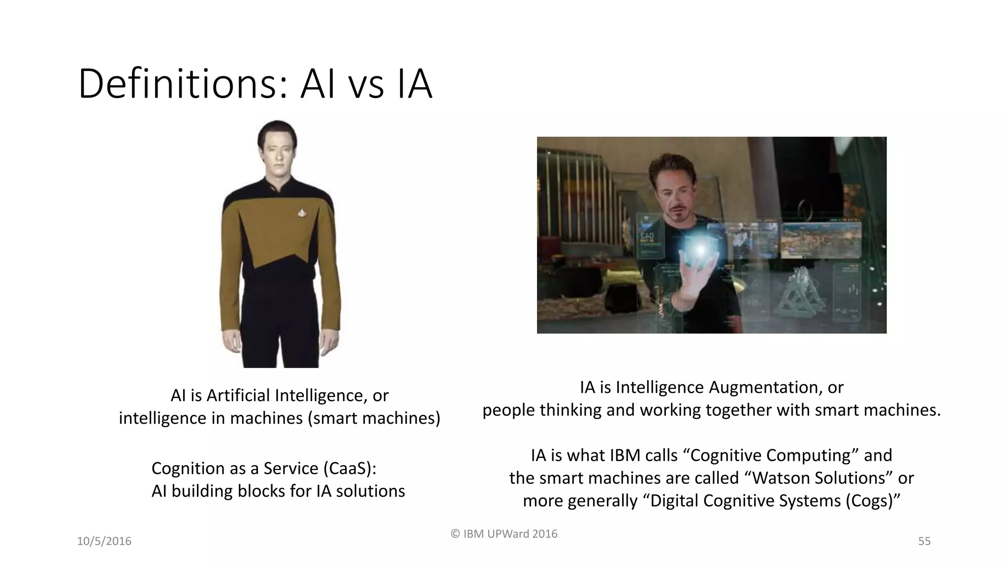 Definitions: AI vs IA
10/5/2016
© IBM UPWard 2016
55
AI is Artificial Intelligence, or
intelligence in machines (smart machines)
IA is Intelligence Augmentation, or
people thinking and working together with smart machines.
IA is what IBM calls “Cognitive Computing” and
the smart machines are called “Watson Solutions” or
more generally “Digital Cognitive Systems (Cogs)”
Cognition as a Service (CaaS):
AI building blocks for IA solutions
 