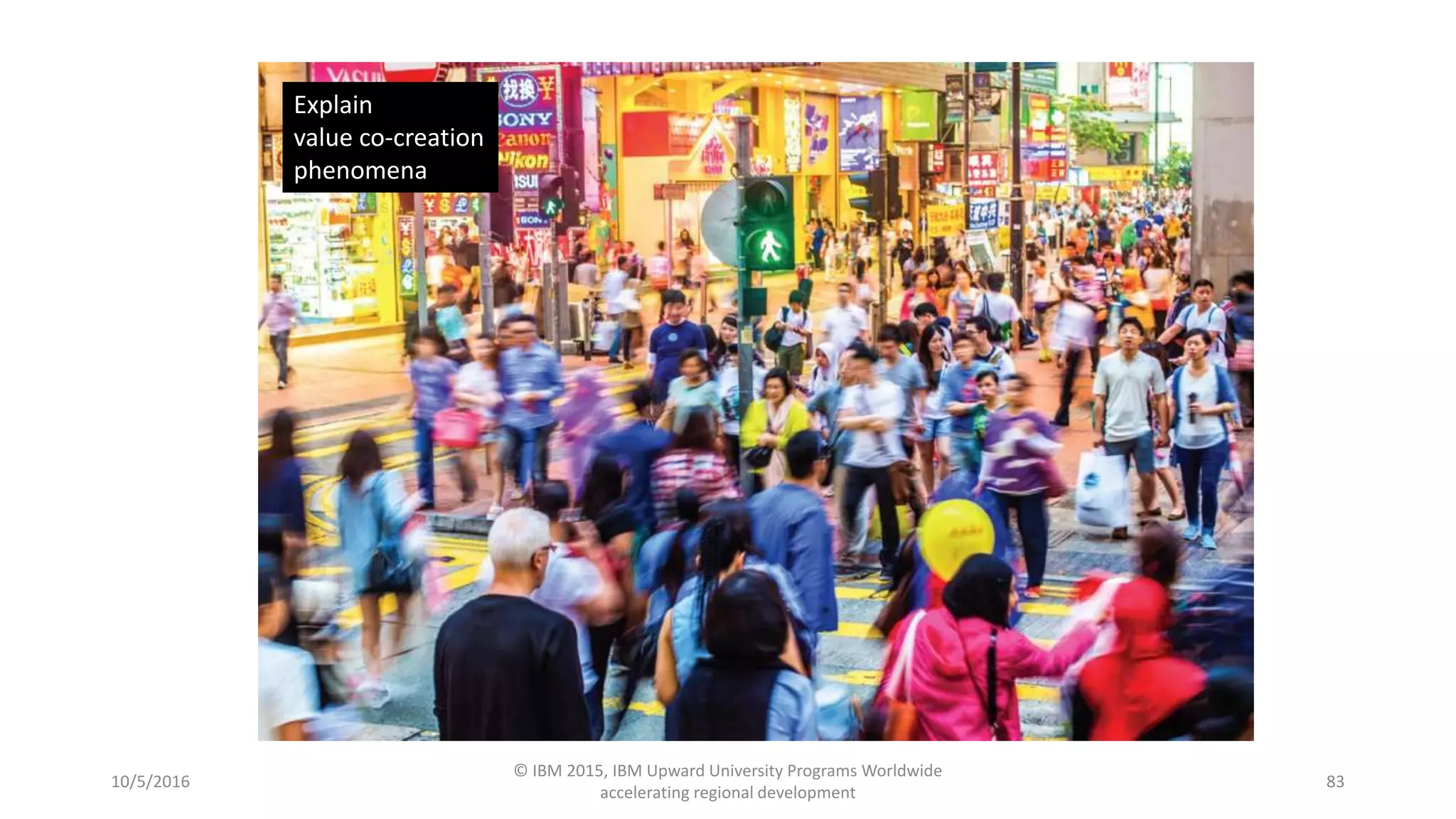 10/5/2016
© IBM 2015, IBM Upward University Programs Worldwide
accelerating regional development
83
Explain
value co-creation
phenomena
 