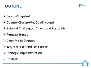 OUTLINE
 Biocon-Snapshot
 Country Choice-Why South Korea?
 External Challenges :Drivers and Restraints
 Forecast trends
 Entry Mode Strategy
 Target market and Positioning
 Strategic Implementation
 Controls
 