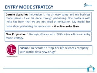 ENTRY MODE STRATEGY
Current Scenario: Innovation is not an easy game and my business
model proves it can be done through partnering. One problem with
India has been that we are not good at innovation. My model has
been about partnering for innovation. - Kiran Mazumdar Shaw
New Proposition : Strategic alliance with LG life science ltd as an entry
mode strategy.
Vision : To become a "top-tier life sciences company
with world-class new drugs"
 