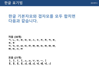 공감세미나한글 표기법
한글 기본자모와 겹자모를 모두 합치면
다음과 같습니다.
자음 (30개)
ㄱ, ㄴ, ㄷ, ㄹ, ㅁ, ㅂ, ㅅ, ㅇ, ㅈ, ㅊ, ㅋ, ㅌ,
ㅍ, ㅎ
ㄲ, ㄳ, ㄵ, ㄶ, ㄸ, ㄺ, ㄻ, ㄼ, ㄽ, ㄾ, ㄿ, ㅀ,
ㅃ, ㅄ, ㅆ, ㅉ
모음 (21개)
ㅏ, ㅑ, ㅓ, ㅕ, ㅗ, ㅛ, ㅜ, ㅠ, ㅡ, ㅣ
ㅐ, ㅒ, ㅔ, ㅖ, ㅘ, ㅙ, ㅚ, ㅝ, ㅞ, ㅟ, ㅢ
 