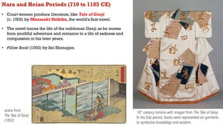 Nara and Heian Periods (710 to 1185 CE)
• Court women produce literature, like Tale of Genji
(c. 1002) by Murasaki Shikibu...