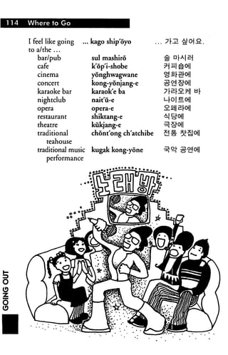114   Where to Go


      I feel like going      kago ship'oyo
      to a/the ...
          bar/pub            sul mashiro
          cafe               k'op'i-shobe
         cinema              yonghwagwane
         concert             kong-yonjang-e
         karaoke bar         karaok'e ba
         nightclub           nait'ii-e
         opera               opera-e

         restaurant          shiktang-e
         theatre             kukjang-e
         traditional         chont'ong ch'atchibe
             teahouse
         traditional music   kugak kong-yone
            performance
 