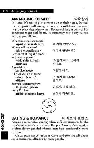 118   Arranging to Meet



      ARRANGING TO MEET
      In Korea, it's rare to pick someone up at their home. Instead,
      the two parties will arrange to meet at a well-known location
      near the place they plan to visit. Because of long subway or bus
      commutes to get back home, it's customary not to stay out too
      late (eg, past 10 pm).

      What time shall we meet?
         myoshie mannalkkayo?
      Where will we meet?
         odiso mannalkkayo?
      Let's meet at (eight o'clock)
      at {name of place}.
         (yodolshi)e {...}eso            (_(*| id a| )o {... }o A-
         mannayo

      Agreed/OK.
           kurok'e haeyo
      I'll pick you up at (nine).
           (ahopshi)e teriro
           olkkeyo
      See you later/tomorrow.
           ittaga/naeil poeyo
      Sorry I'm late.
           nujoso choesong haeyo




      DATING & ROMANCE                              t||O| ea|-
      Korea is a conservative country where different standards for the
      men's and women's behaviour still apply. A woman's reputation
      is often closely guarded whereas men have considerably more
      freedom.
          Casual sex is not common in Korea, and excessive talk about
      sex is considered offensive by many people.
 