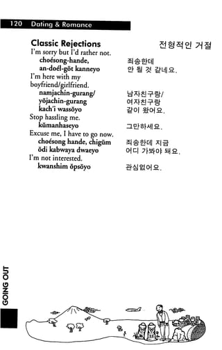 120   Dating & Romance


      Classic Rejections
      I'm sorry but I'd rather not.
         choe'song-hande,
         an-doel-got kanneyo
      I'm here with my
      boyfriend/girlfriend.
         namjachin-gurang/
         yojachin-gurang
         kach'i wassoyo
      Stop hassling me.
         kumanhaseyo
      Excuse me, I have to go now.
         choesong hande, chigiim
         odi kabwaya dwaeyo
      I'm not interested.
         kwanshim opsoyo
 