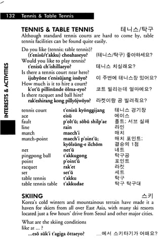 132   Tennis & Table Tennis


      TENNIS & TABLE TENNIS                                E|| M^
      Although standard tennis courts are hard to come by, table
      tennis facilities can be found quite easily.

      Do you like (tennis; table tennis)?
        (t'enisu/t'akku) choahaseyo?        (E||l-|^/
      Would you like to play tennis?
          t'enisu ch'ishillaeyo?            E|| u| ± *| ^ b|| a?
      Is there a tennis court near here?
          ijubyone t'enisujang issoyo?      0| ^0 31 M^g- &101 iBL?
      How much is it to hire a court?
          k'ot'fi pillinunde olma-eyo?                             n^o|| S.?
      Is there racquet and ball hire?
          rak'eshirang kong pillyojwoyo?    £r^! 01 g-

      tennis court         t'enisu kyonggijang
      ace                  eisu                         CH|O|r±i
      fault                p'olt'u; sobu shilp'ae
                                                        a|.oj
      line                 rain
      match                maech'i
      match-point          maech'i p'oint'u;
                           kyolsiing-e ilchom
      net                  net'ii                       MIH
      pingpong ball        t'akkugong
      point                p'oint'u
      racquet              rak'et
      set                  set'u
      table tennis         t'akku
      table tennis table   t'akkudae


      SKIING
      Korea's cold winters and mountainous terrain have made it a
      haven for skiers from all over East Asia, with many ski resorts
      located just a few hours' drive from Seoul and other major cities.

      What are the skiing conditions
      like at... ?
          ...eso suk'i t'agiga dttaeyo?     ..MM ±? Ep|7h OU.Q_?
 