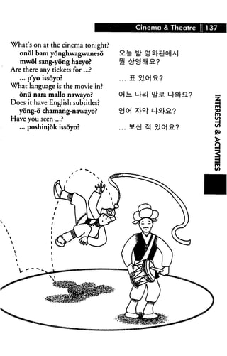 Cinema & Theatre | 137


What's on at the cinema tonight?
   oniil bam yonghwagwaneso
   mwol sang-yong haeyo?
Are there any tickets for ...?
   ... p'yo issoyo?                S.
What language is the movie in?
  onu nara mallo nawayo?
Does it have English subtitles?
  yong-6 chamang-nawayo?
Have you seen ...?
  ... poshinjok issoyo?
 
